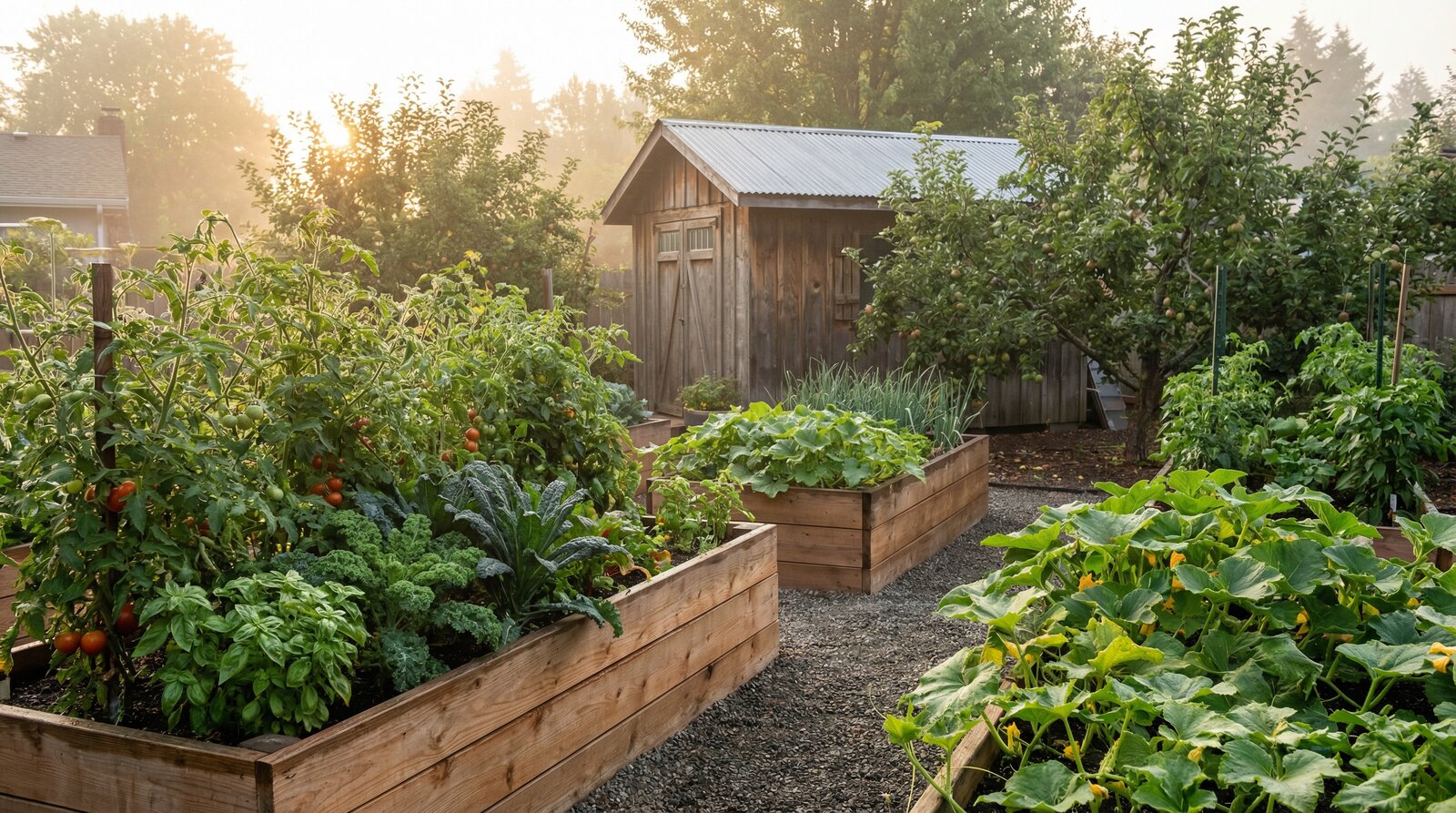 Suburban backyard homestead garden with raised beds at sunrise