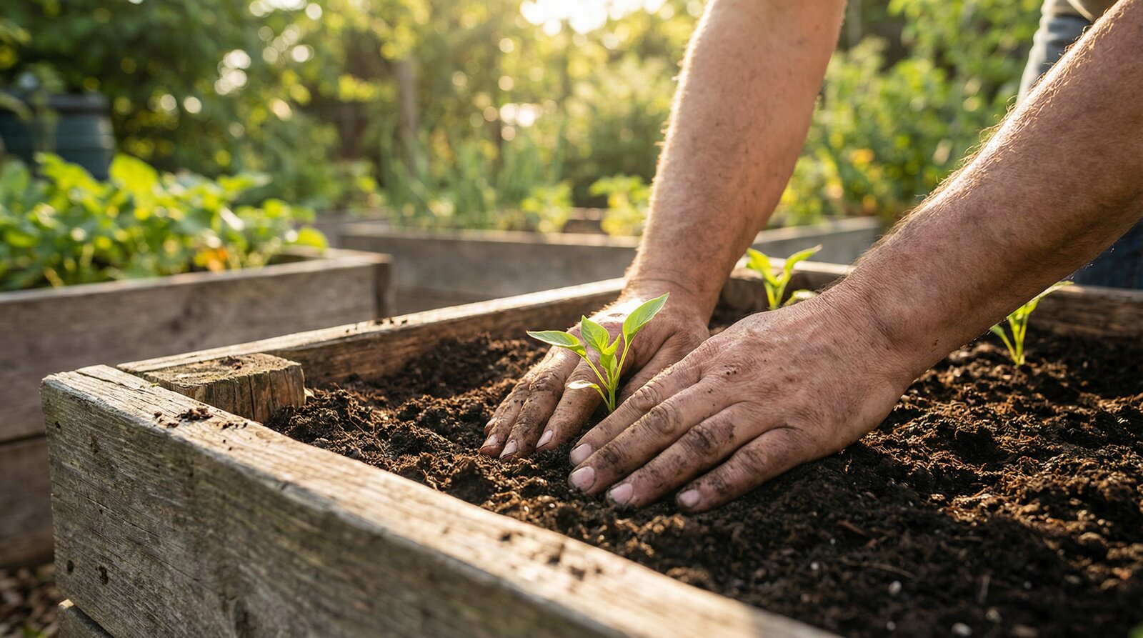 Hands planting seedling in raised garden bed
