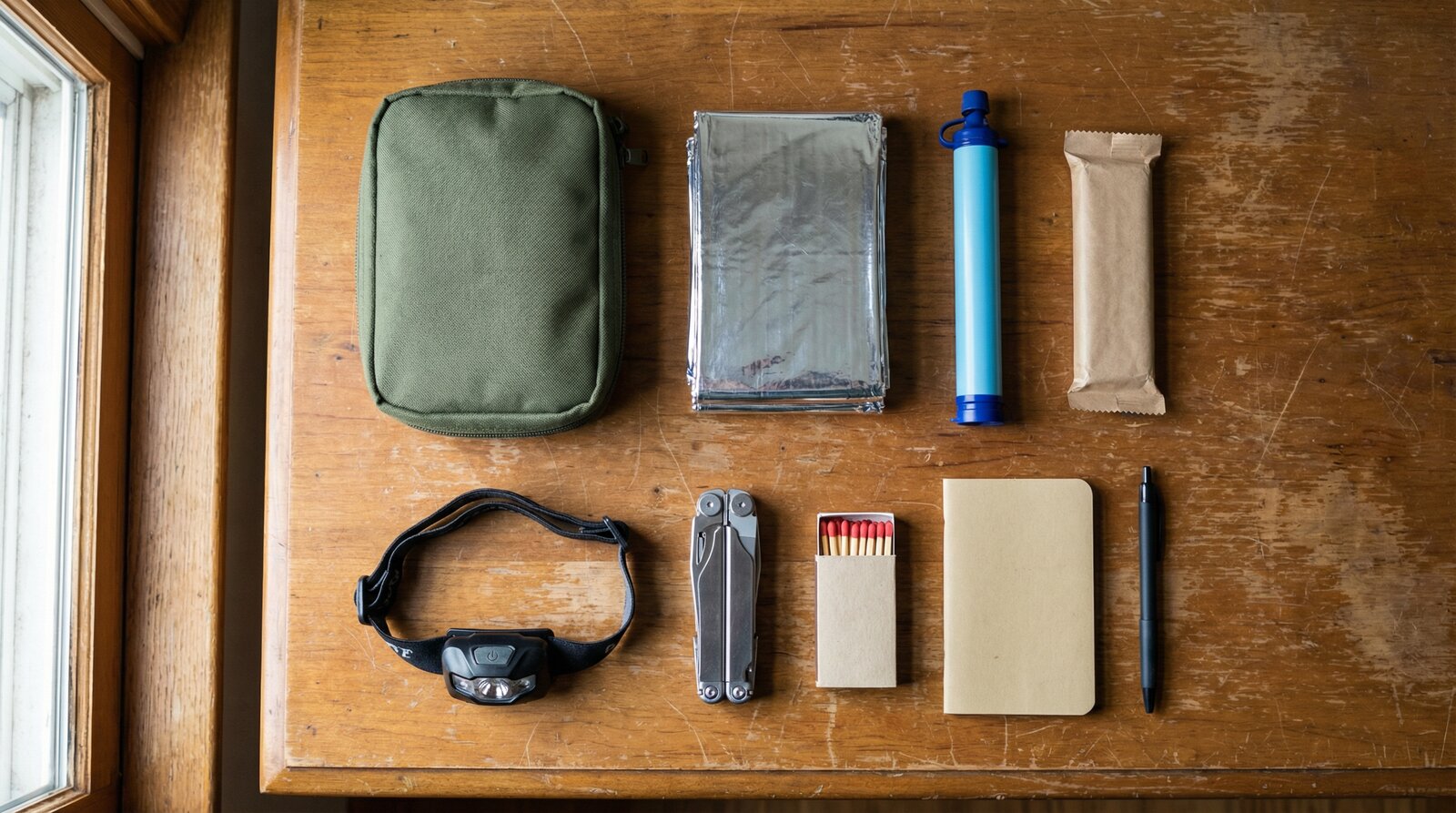 Emergency preparedness gear flat-lay on wooden table