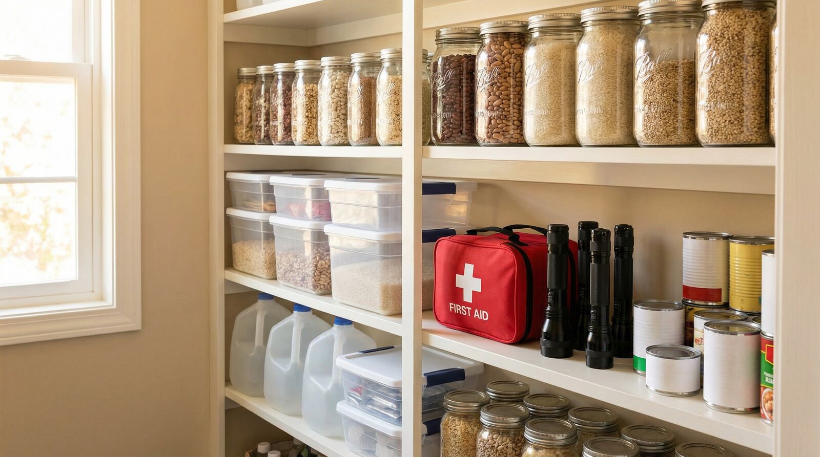 Well-organized home pantry with emergency preparedness supplies - family emergency preparedness guide homesteaders