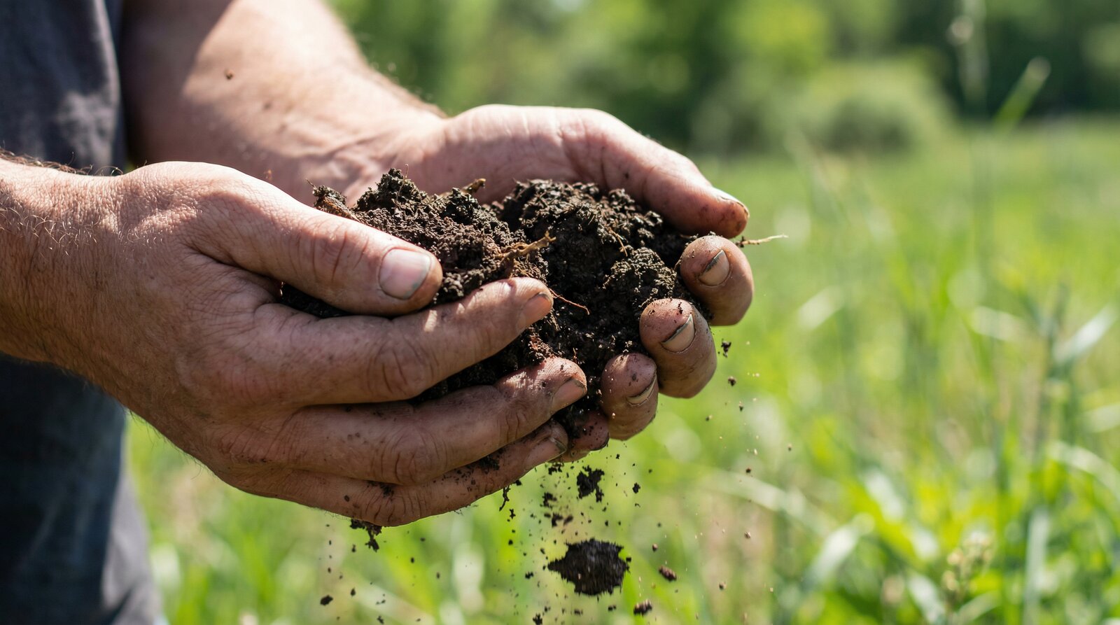 Hands holding rich dark soil on homestead land - how to buy homestead land