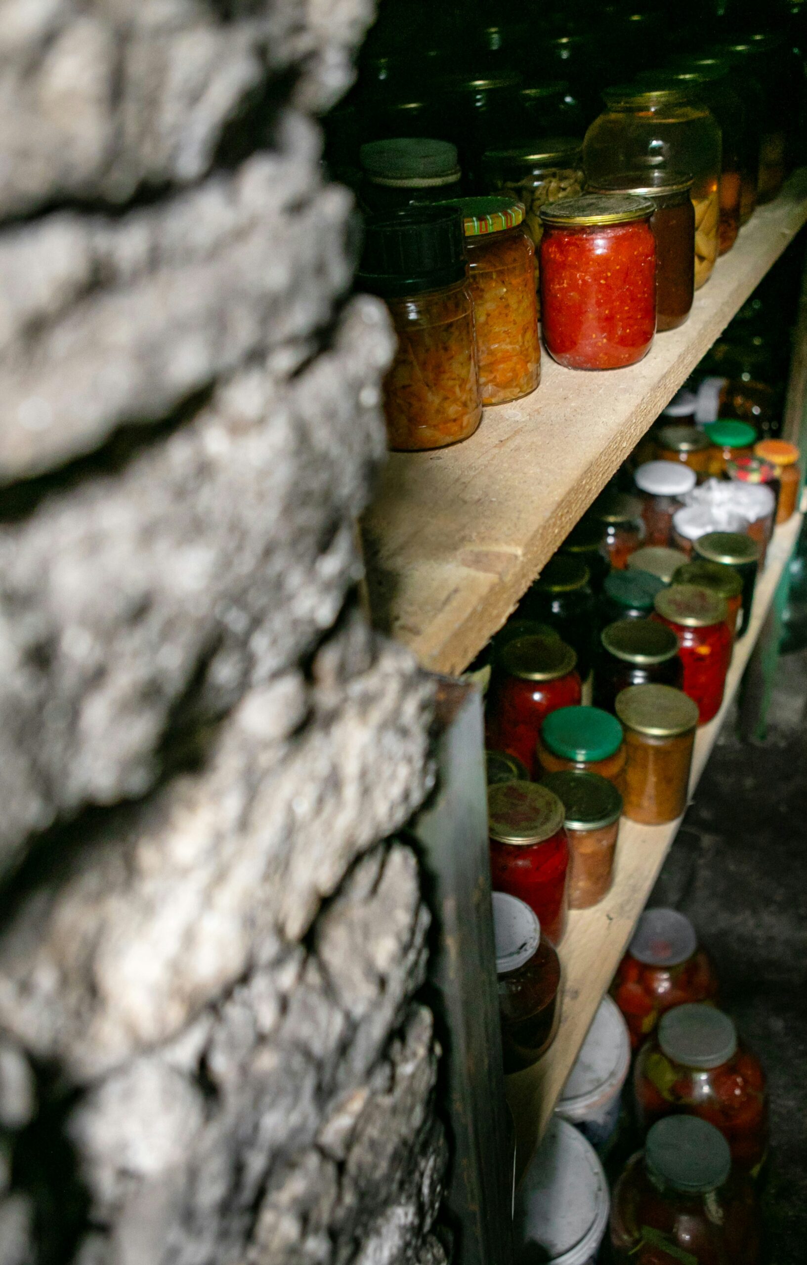 Home-canned vegetables and preserves stored on wooden shelves in a stone root cellar — emergency food storage for the prepared homestead.