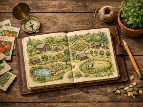 Homestead planning workbook with hand-drawn property map